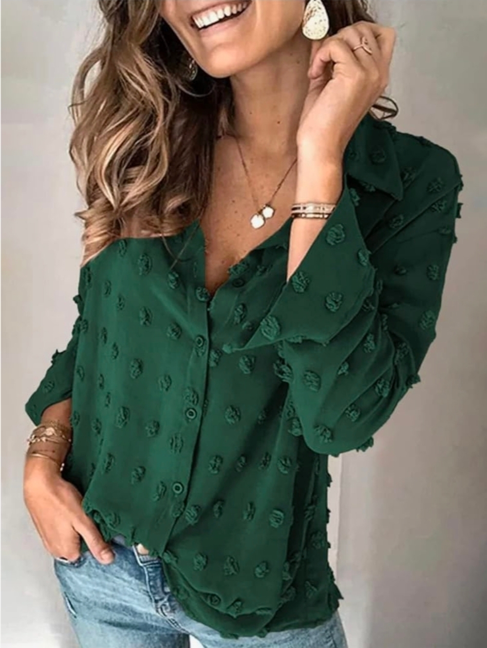 Astylish Textured Green Button-Up Top Size M